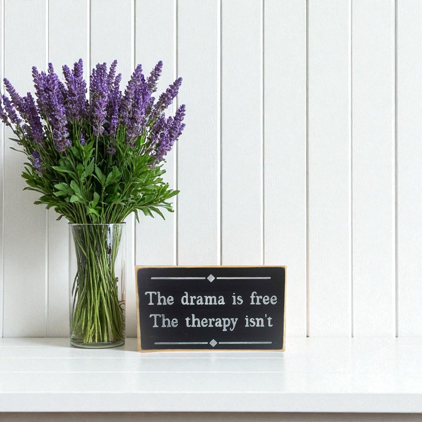 Handmade funny office desk sign reading “The Drama Is Free. The Therapy Isn’t” – sarcastic office decor, 3.5" x 6" wood block, witty workplace gift.