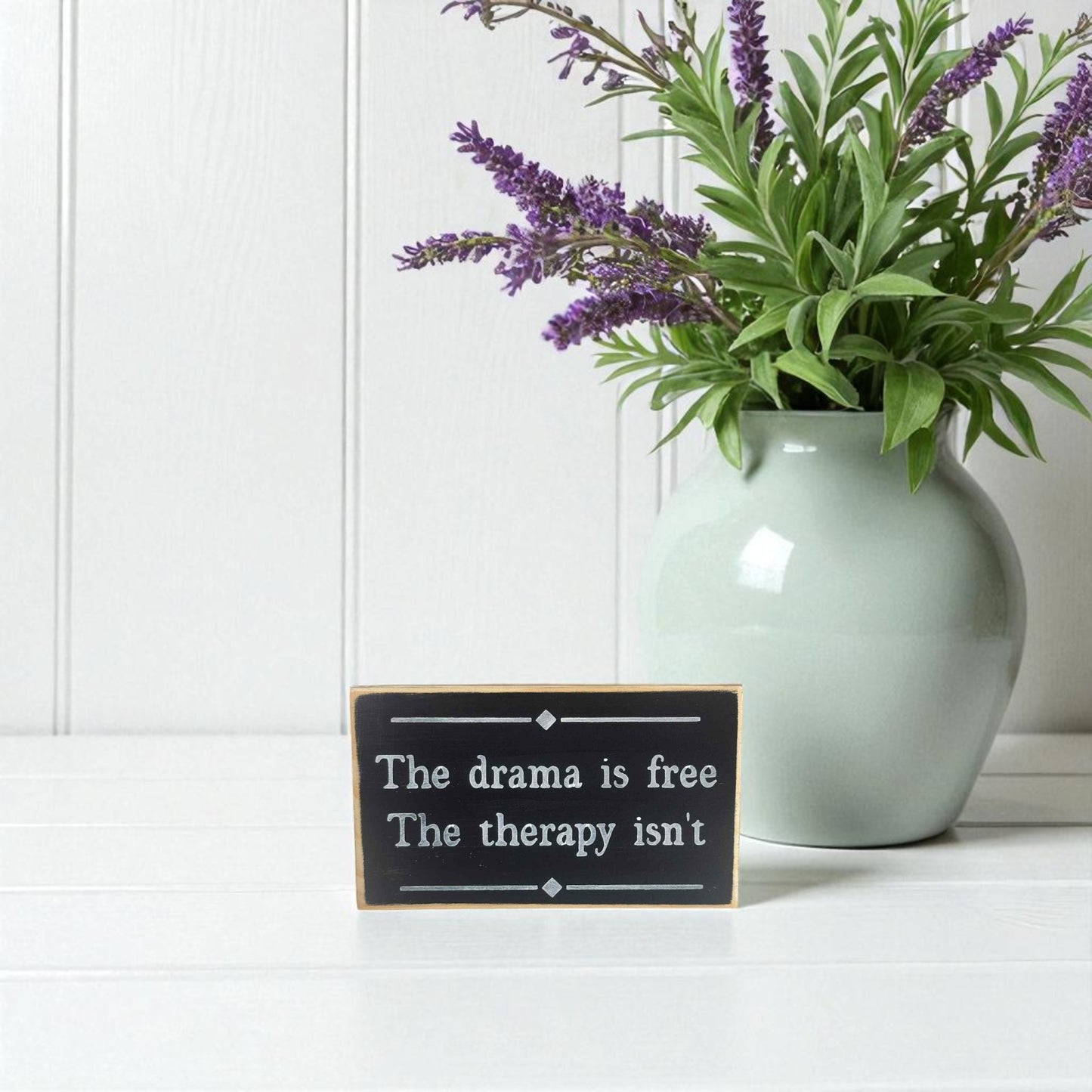 Handmade funny office desk sign reading “The Drama Is Free. The Therapy Isn’t” – sarcastic office decor, 3.5" x 6" wood block, witty workplace gift.