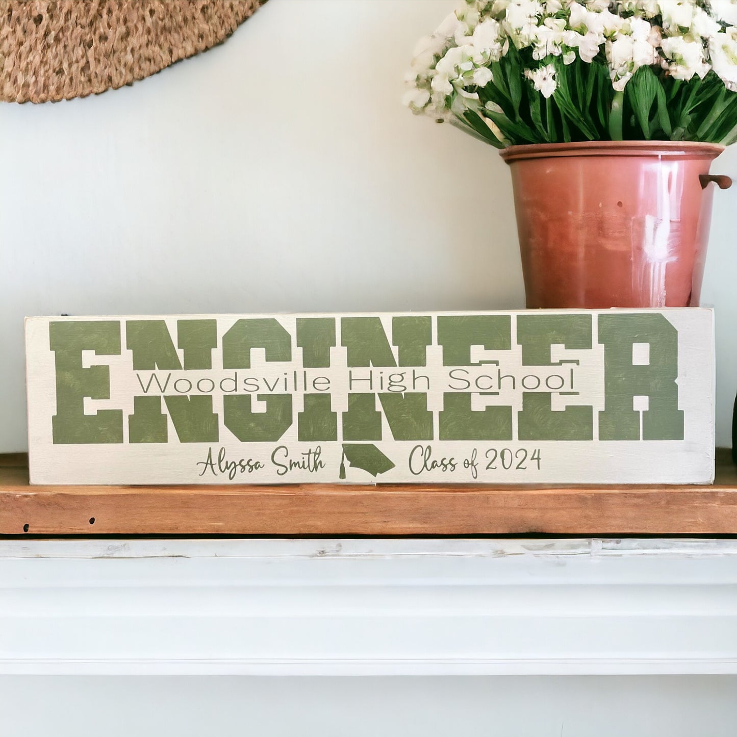Customizable graduation keepsake sign with school mascot, graduate's name, and class year - 6" x 24"