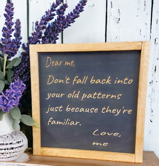 Dear Me" Inspirational Carved Wood Sign - Gray Background with Natural Wood Text - 11.5" x 11.5