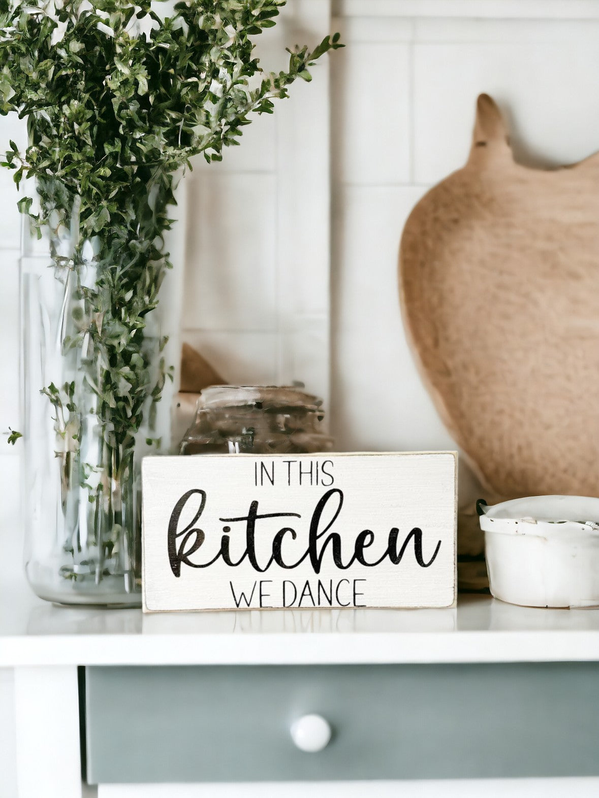 In this Kitchen We Dance Wood Sign - Fun Rustic Kitchen Shelf Decor and Housewarming Gift