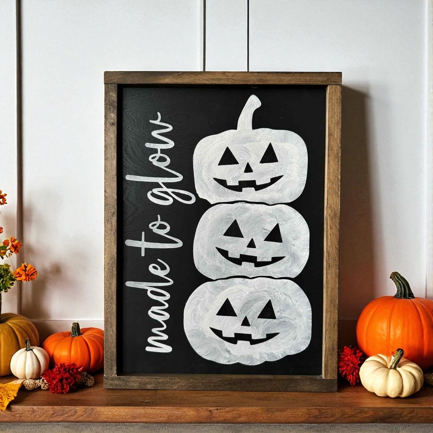 Framed wood Halloween sign with stacked jack-o’-lanterns and Made to Glow text – cute rustic Halloween decoration