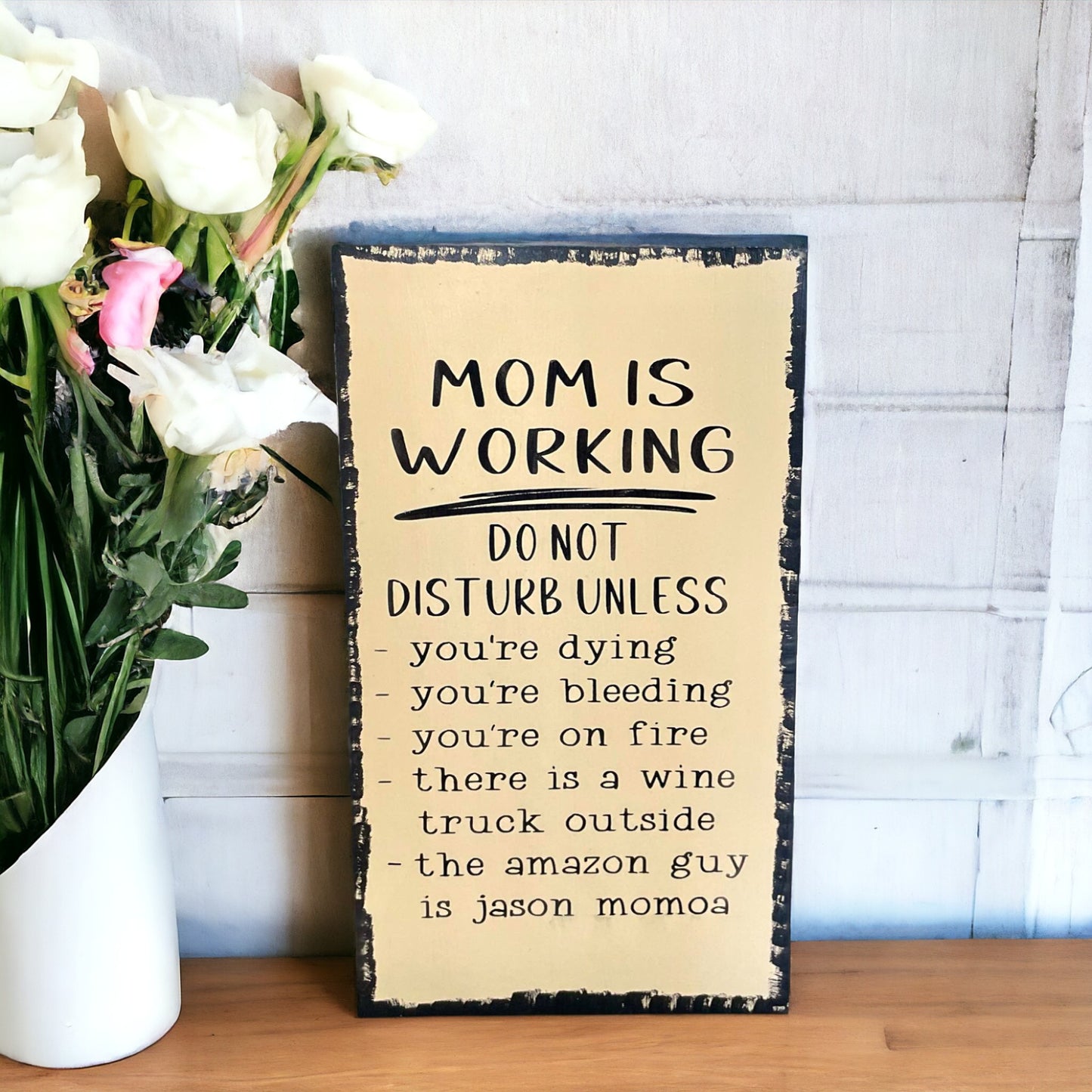 Humorous 'Mom Is Working Do Not Disturb' wooden sign for home office decor
