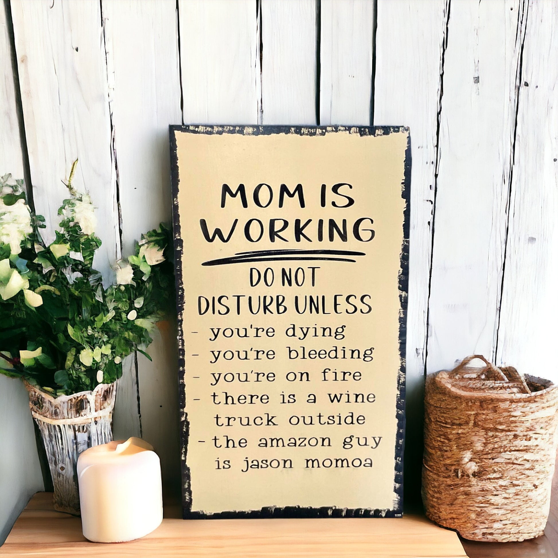 Humorous 'Mom Is Working Do Not Disturb' wooden sign for home office decor