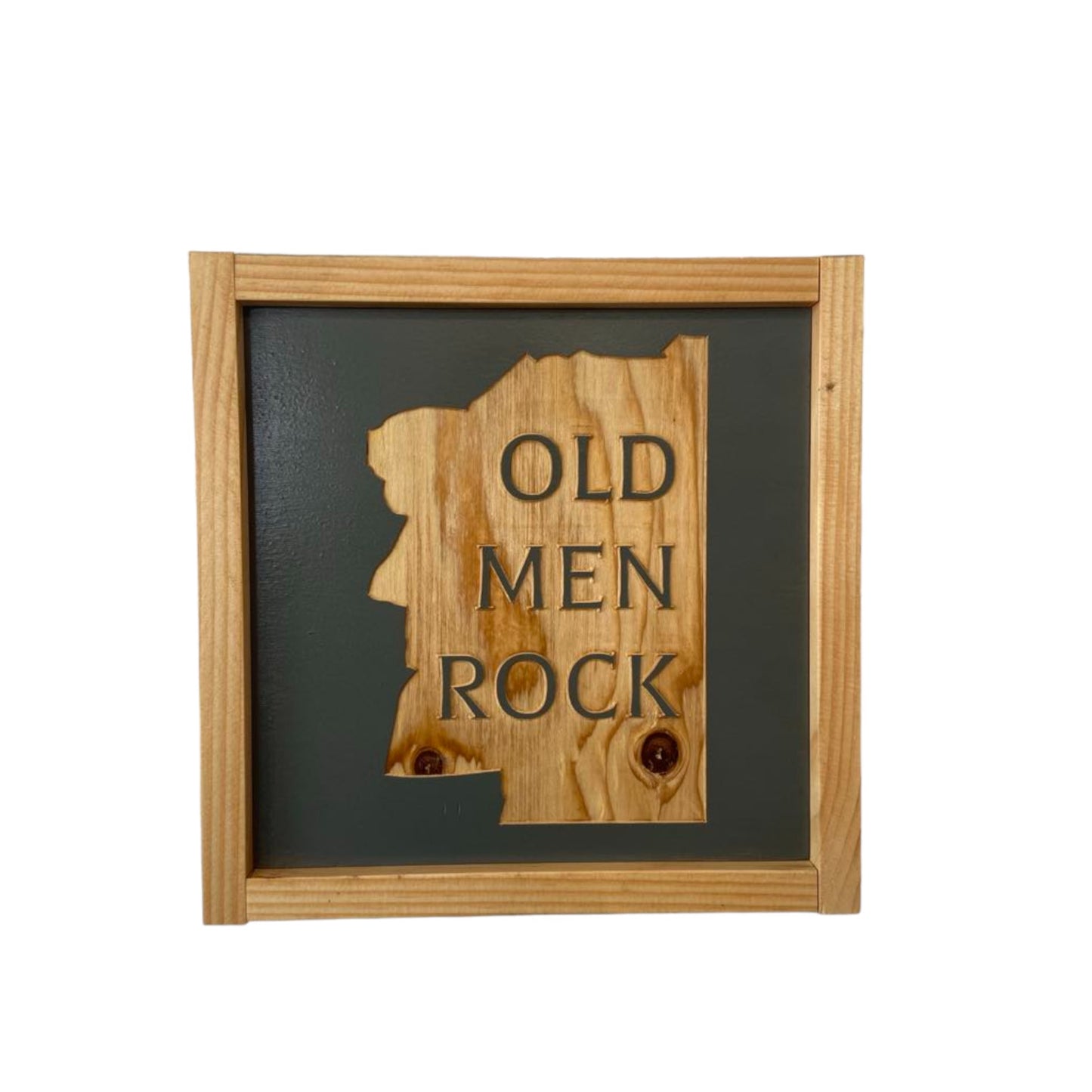 Framed Wood Sign: 'Old Men Rock' with Carved Old Man of the Mountain Picture | 9.5" x 9.5