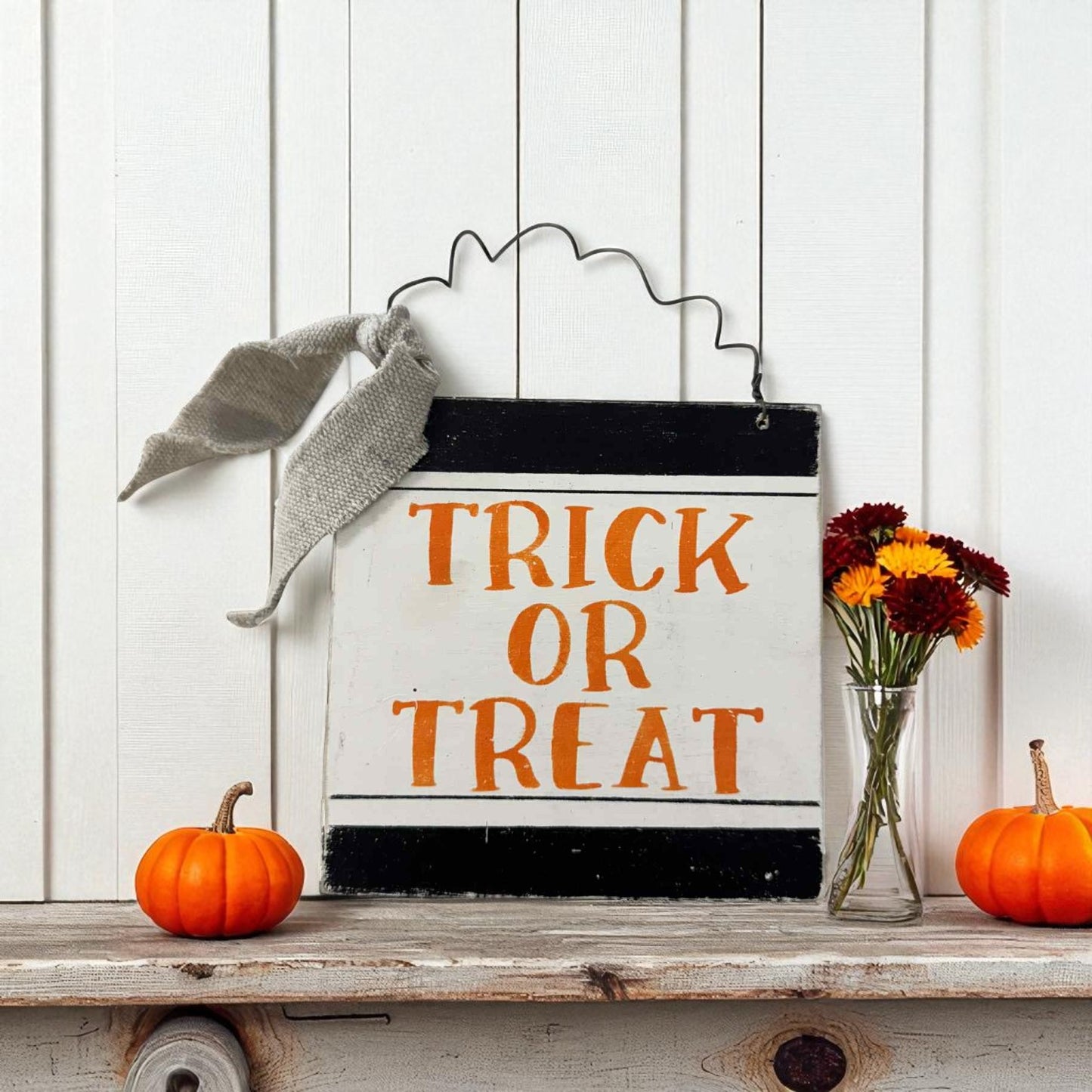 Rustic 8x8 trick or treat sign with wire hanger – farmhouse Halloween door decoration