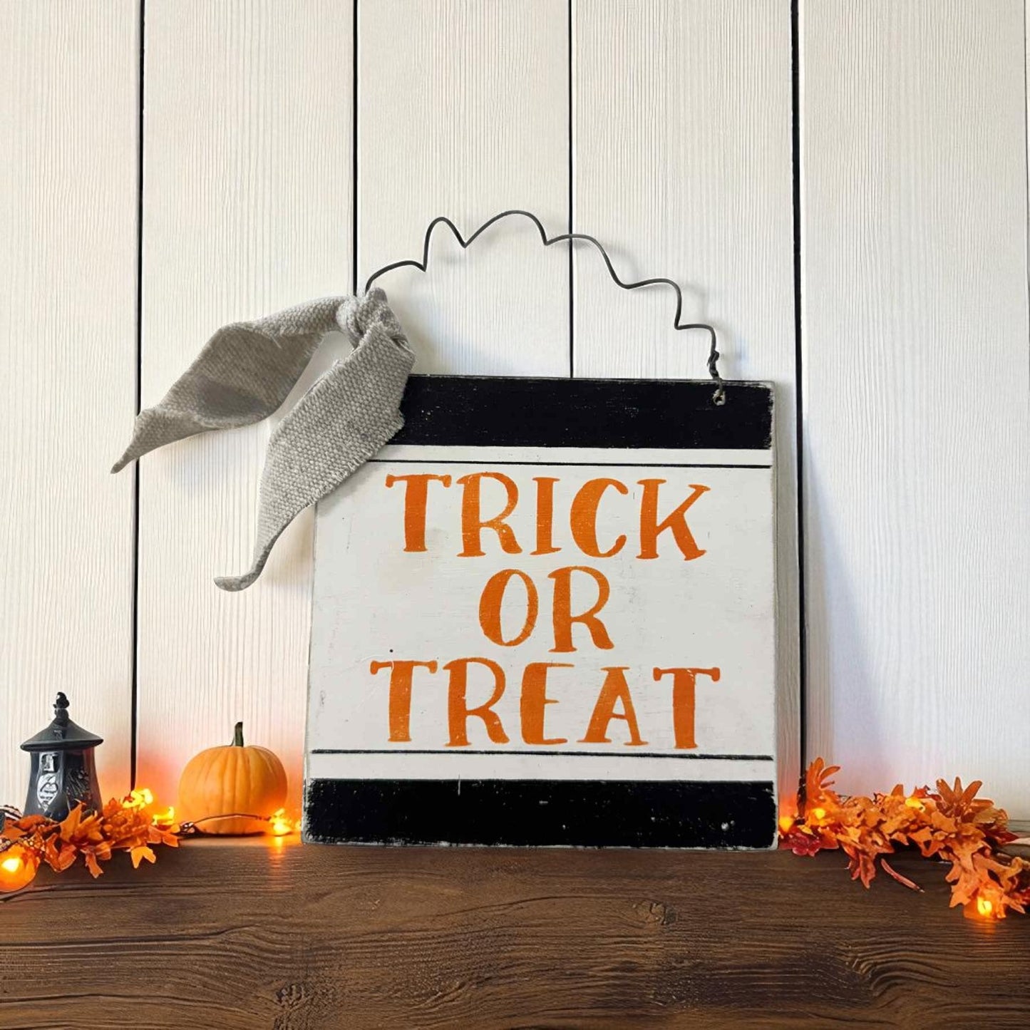 Rustic 8x8 trick or treat sign with wire hanger – farmhouse Halloween door decoration