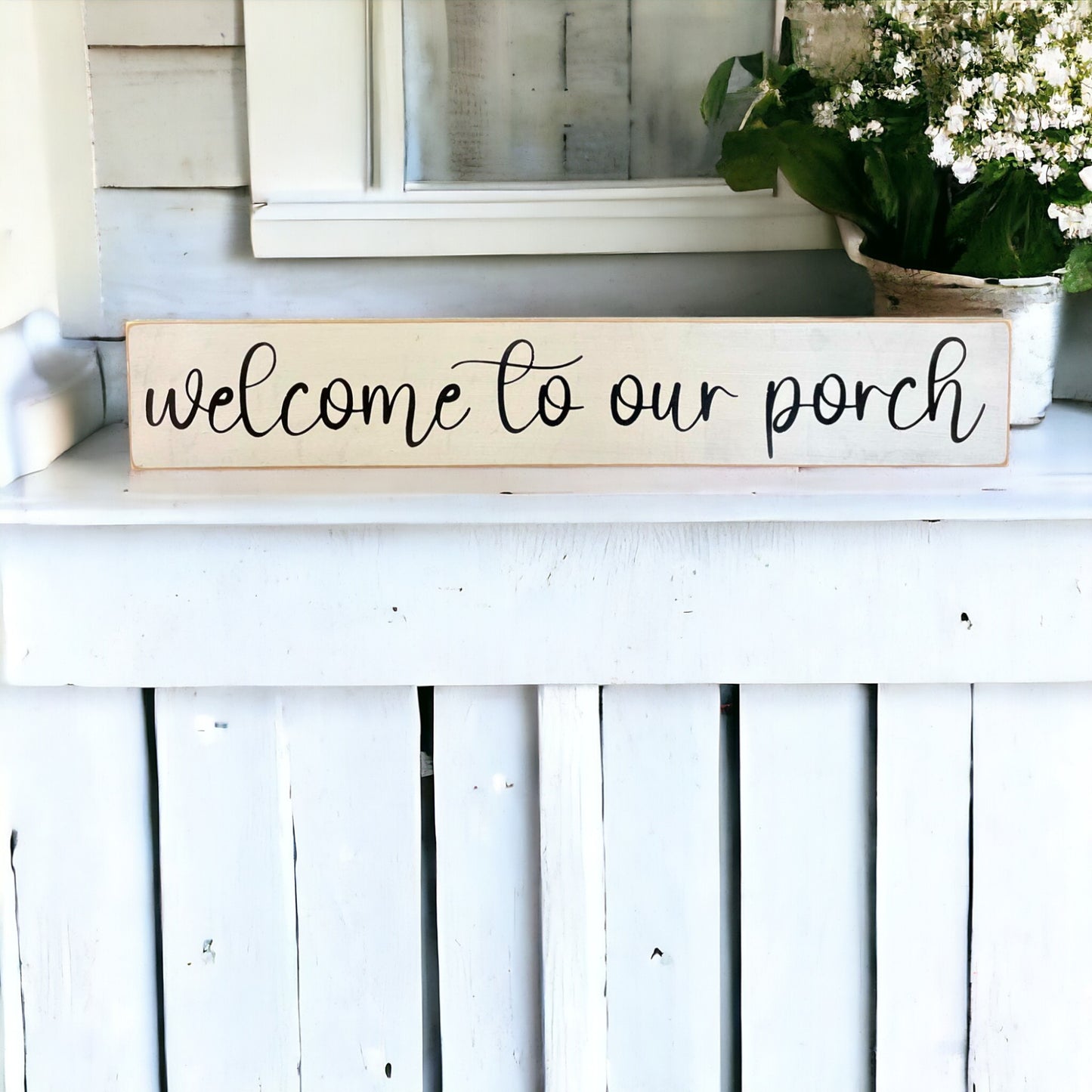 White hand-painted wooden welcome porch sign with black text, perfect farmhouse porch decor and housewarming gift for couples