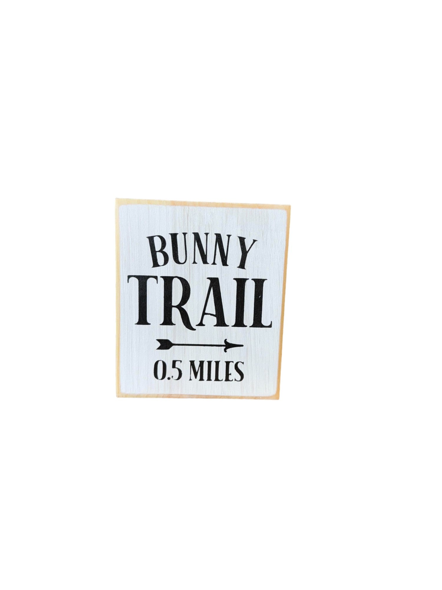 Farmhouse wood sign with 'Bunny Trail' in bold black text on a white background, ideal for Easter decor