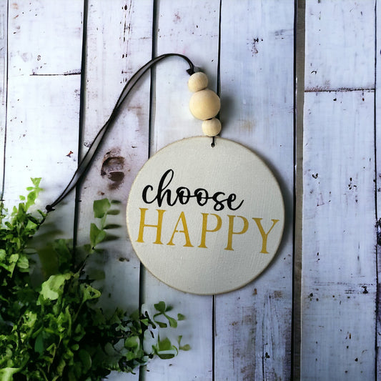 4-inch wooden car charm reading 'Choose Happy' with yellow and black text, cute car accessory for women.