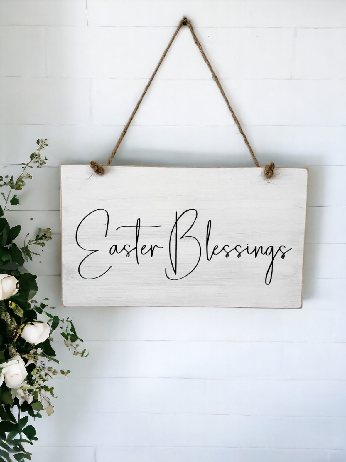 7x12 farmhouse hanging wood sign with 'Easter Blessings' in black script on white background
