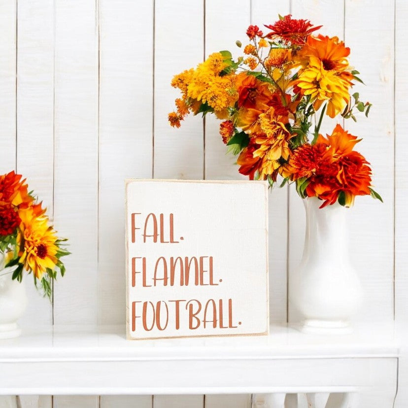 Fall, Flannel, Football Wood Block Sign - Hand-Painted Autumn Decor