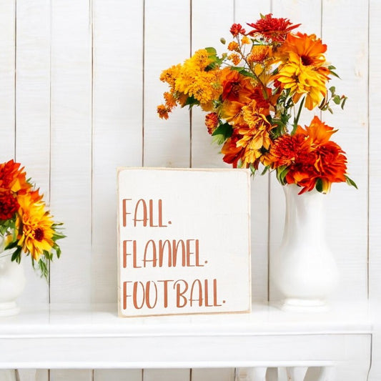 Fall, Flannel, Football Wood Block Sign - Hand-Painted Autumn Decor