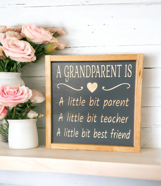 Carved wood sign with a heartfelt saying, 'A Grandparent is a little bit parent, a little bit teacher, and a little bit best friend,' set on a gray background with natural wood text carving, measuring 11.5" x 11.5". Perfect decor for honoring the bond between grandparents and their grandchildren