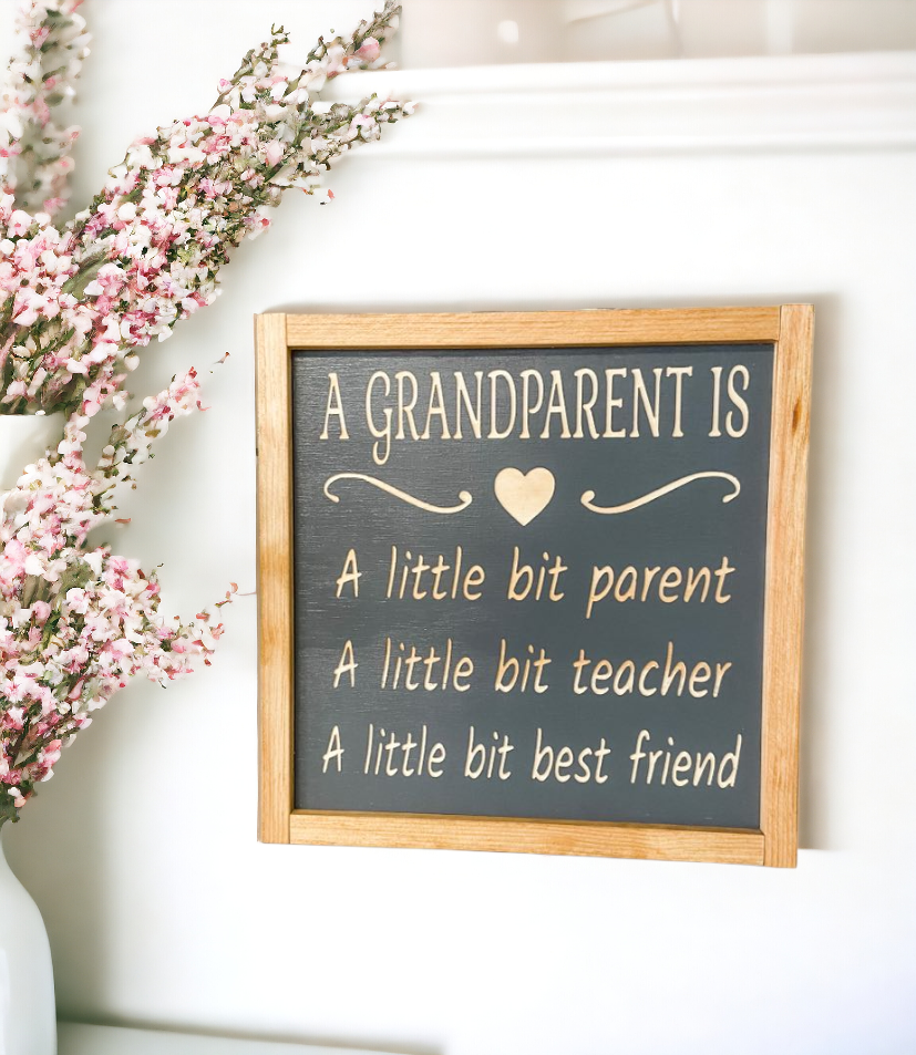 Carved wood sign with a heartfelt saying, 'A Grandparent is a little bit parent, a little bit teacher, and a little bit best friend,' set on a gray background with natural wood text carving, measuring 11.5" x 11.5". Perfect decor for honoring the bond between grandparents and their grandchildren