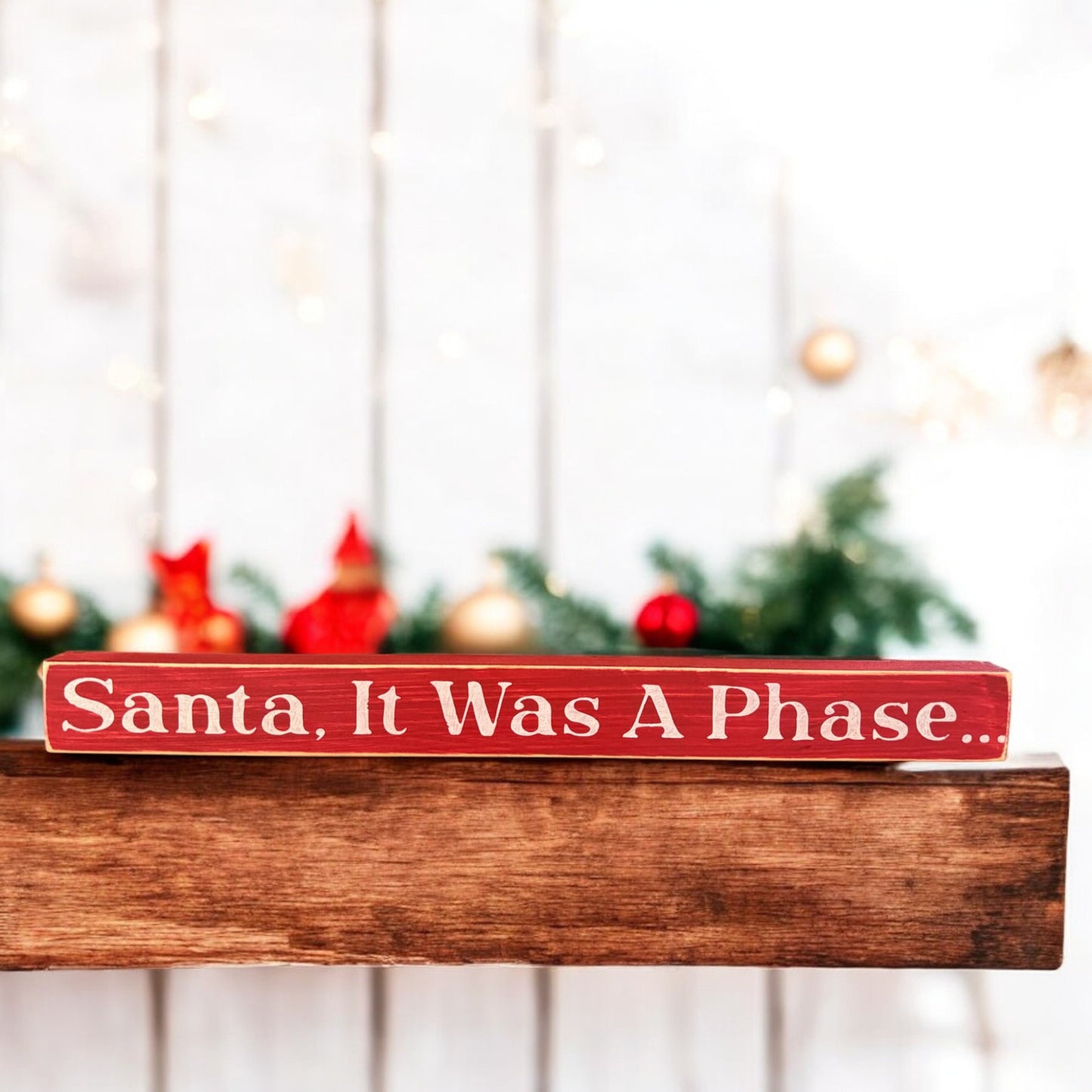 Handpainted Christmas sign in festive red with white lettering, perfect as a funny Santa decoration