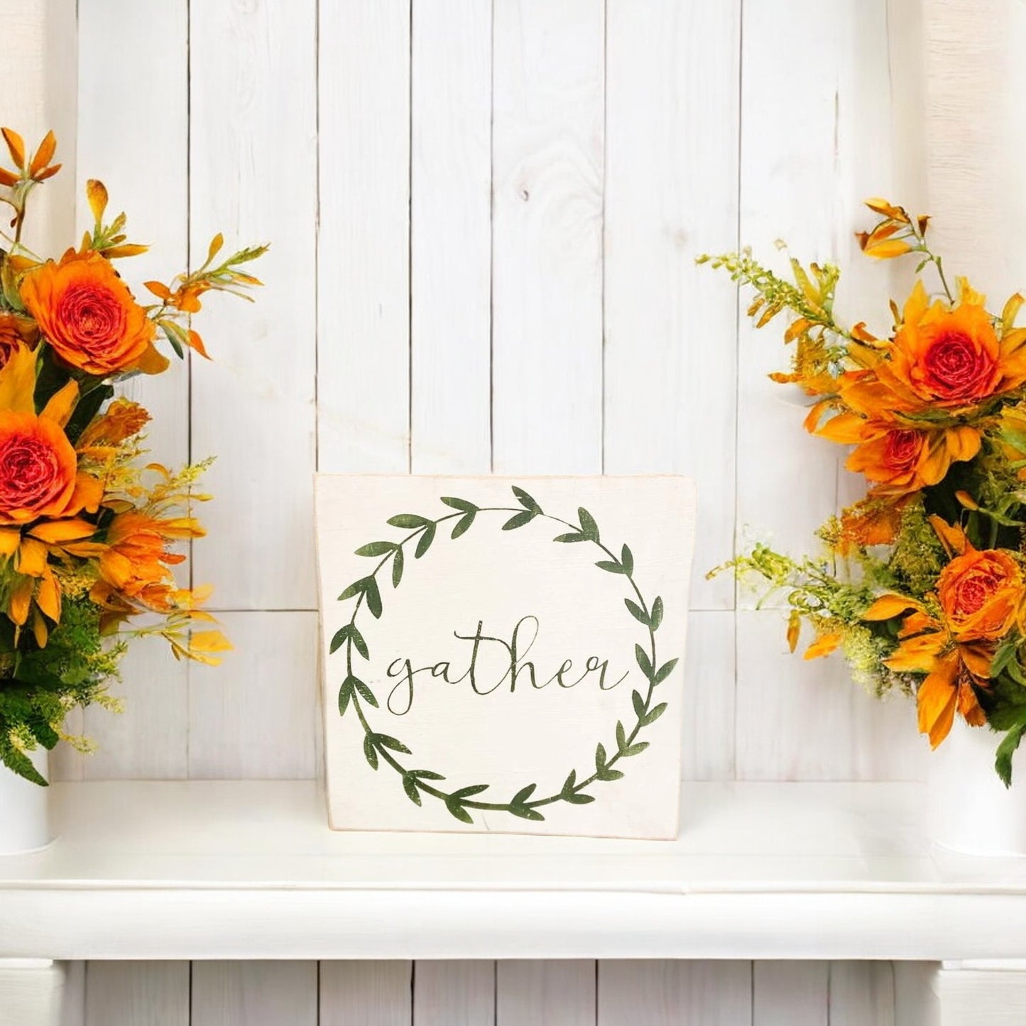 Gather Wood Block Sign with Greenery Wreath - Farmhouse Fall Decor