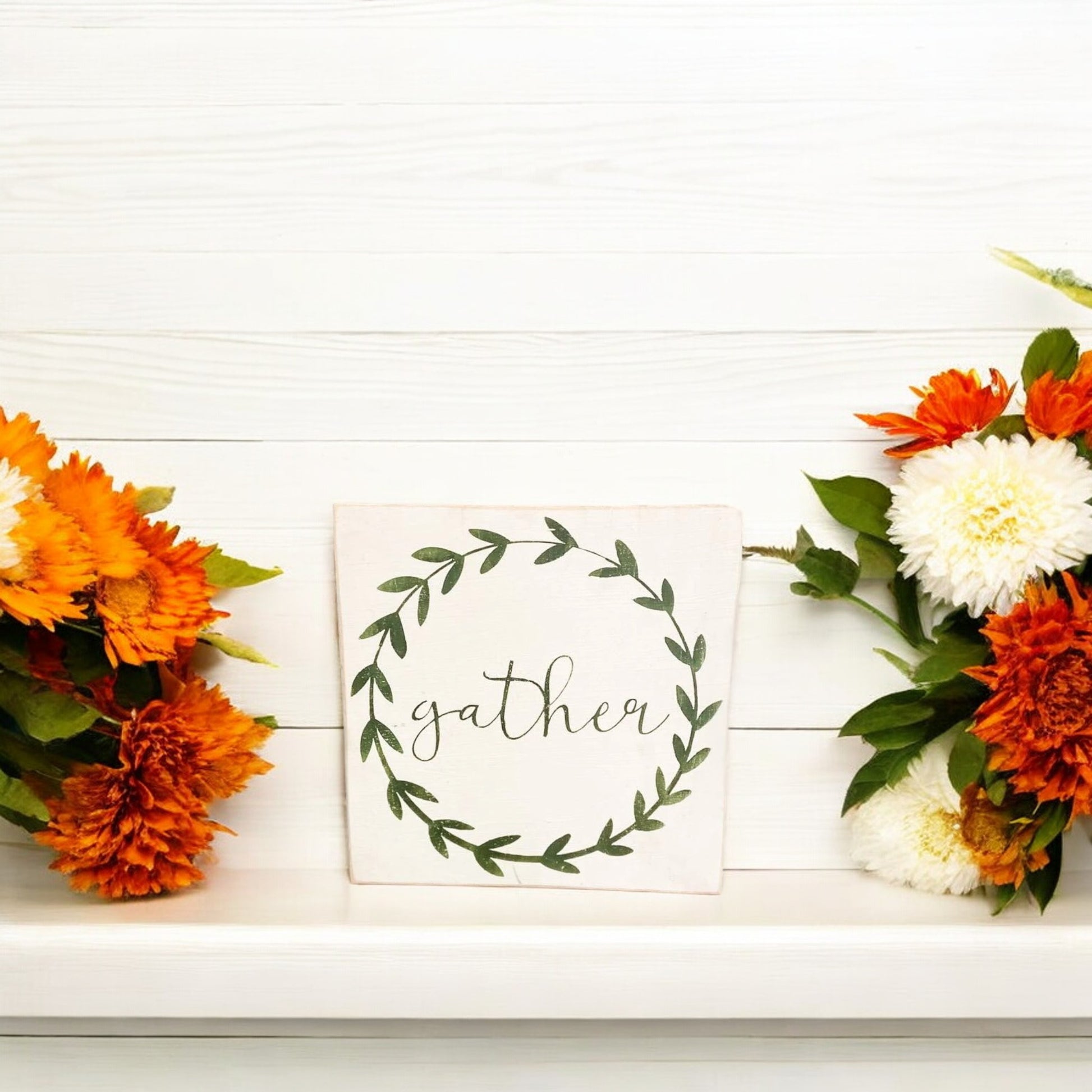 Gather Wood Block Sign with Greenery Wreath - Farmhouse Fall Decor