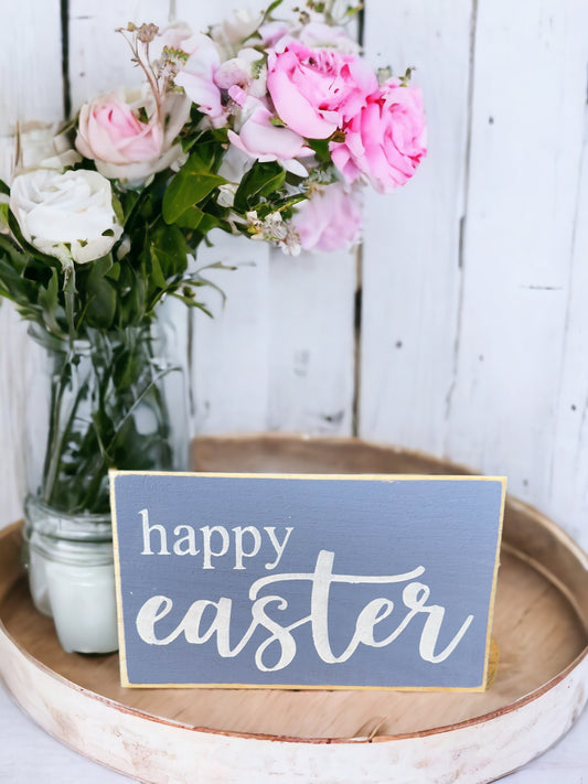 Hand-painted lavender wood sign with 'Happy Easter' in white text, perfect for farmhouse Easter decor