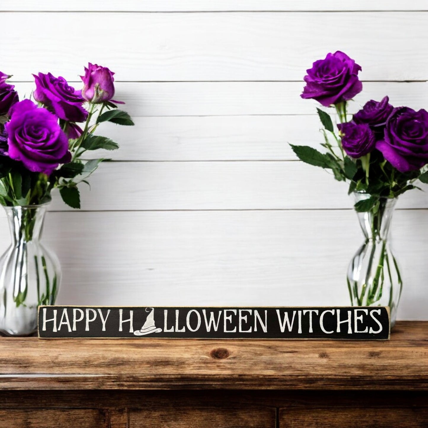 Skinny wooden Halloween sign with "Happy Halloween Witches" text, ideal for a witch saying and witch sign on a shelf, mantel, or office.