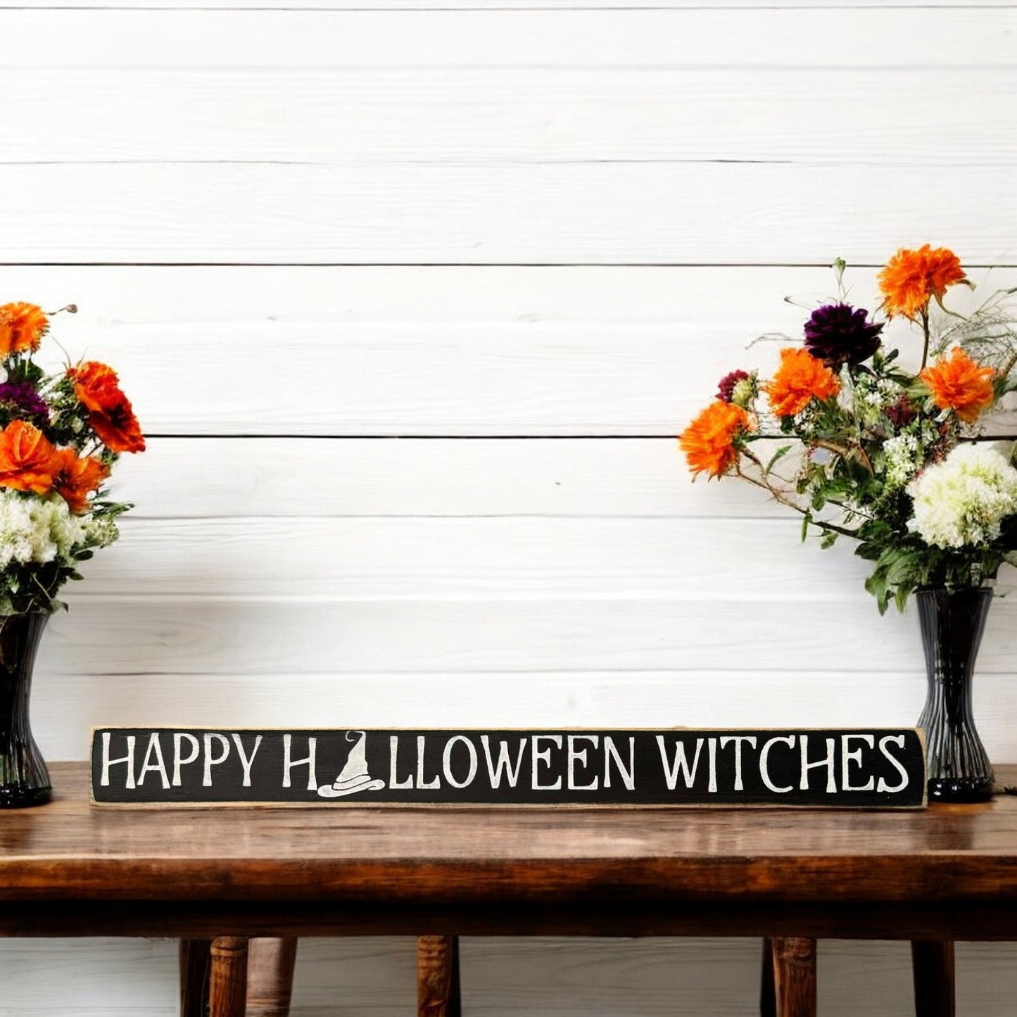 Skinny wooden Halloween sign with "Happy Halloween Witches" text, ideal for a witch saying and witch sign on a shelf, mantel, or office.