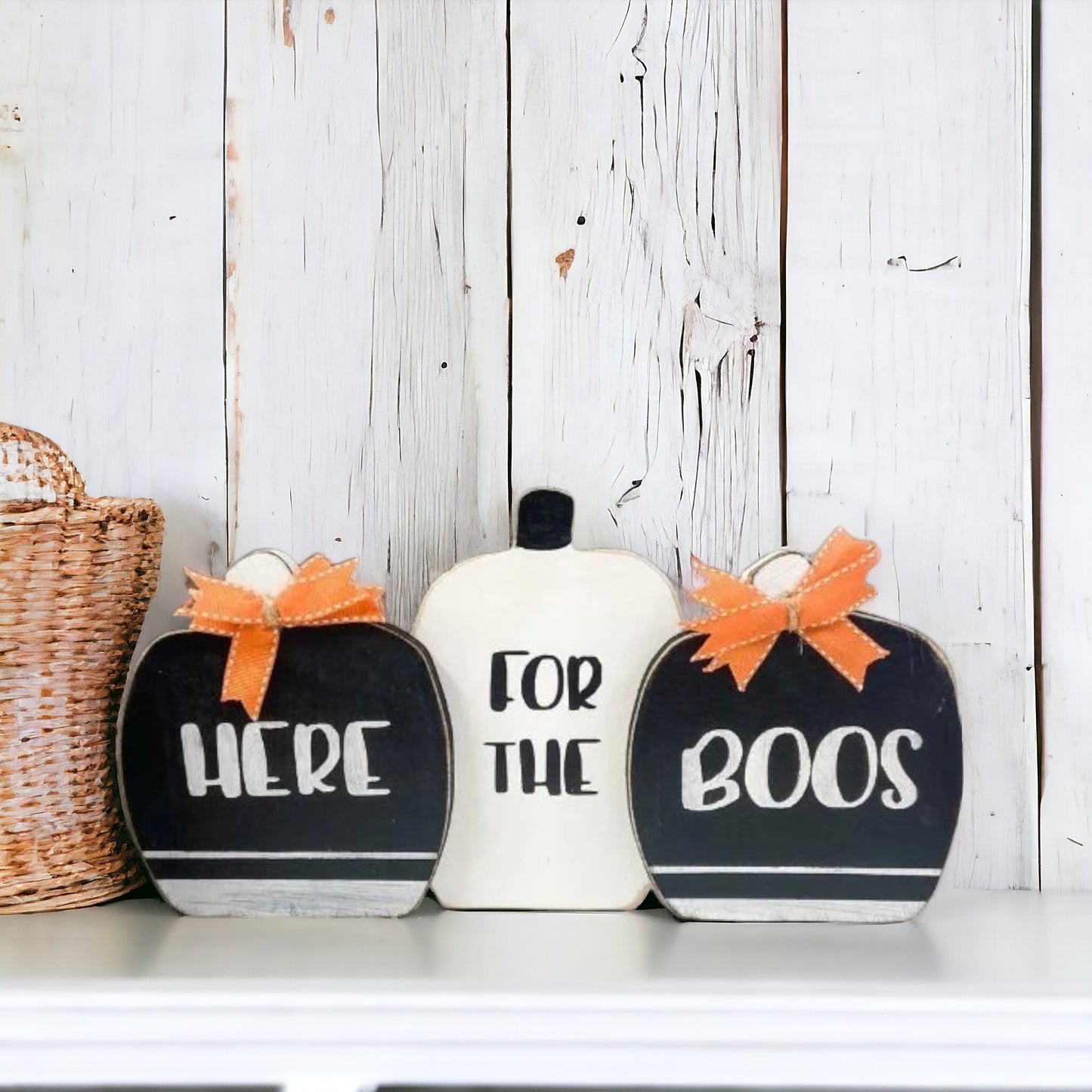 Here For The Boos Wooden Pumpkin Set - Halloween Shelf Sitter Decor