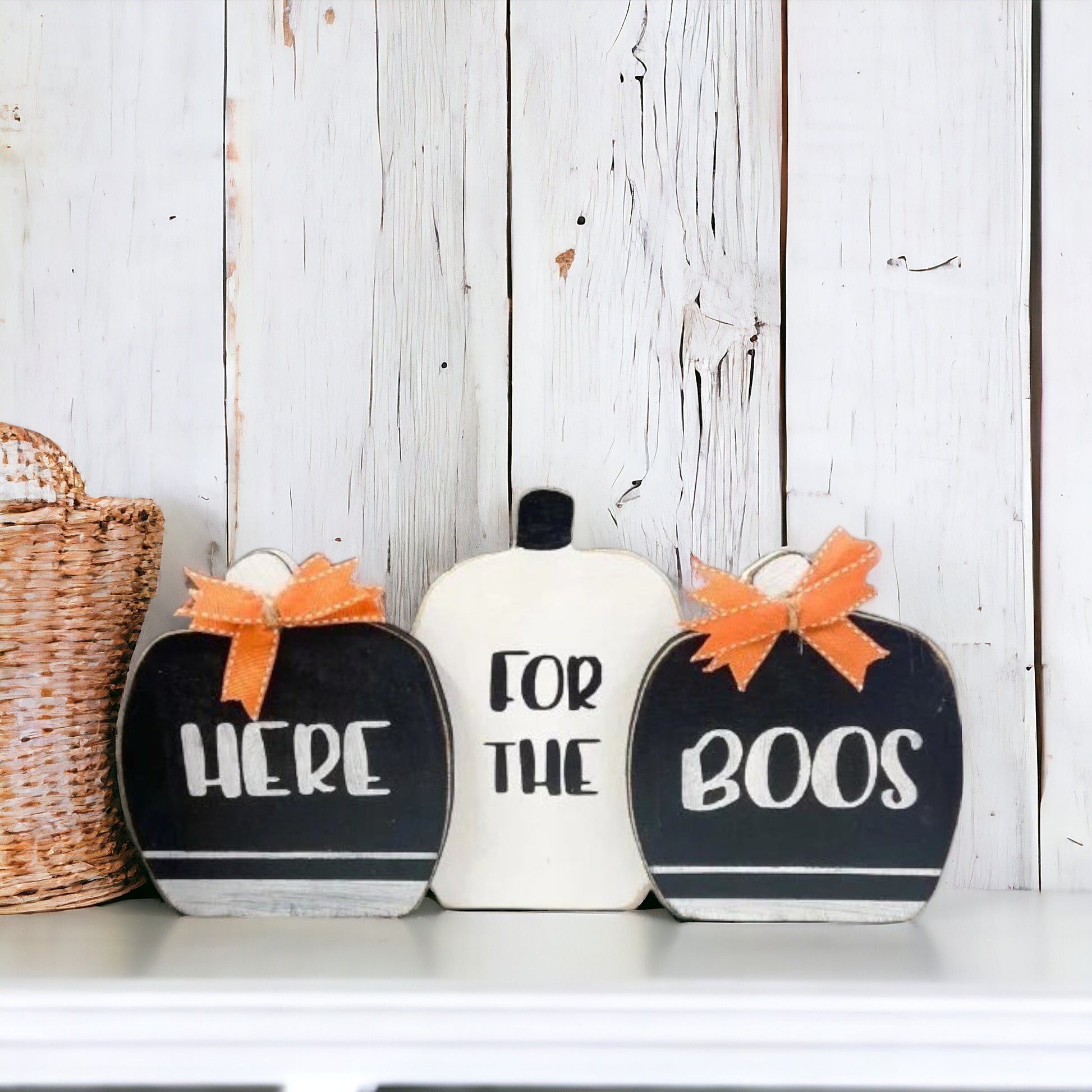 Here For The Boos Wooden Pumpkin Set - Halloween Shelf Sitter Decor