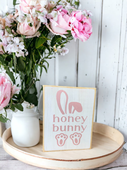 Easter Decor: Hand-painted white wood sign with 'Honey Bunny' phrase in soft pink