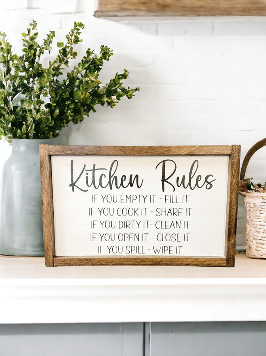 Funny Kitchen Rules Wood Sign - Humorous Gift for Rustic Farmhouse Decor, White with Black Text