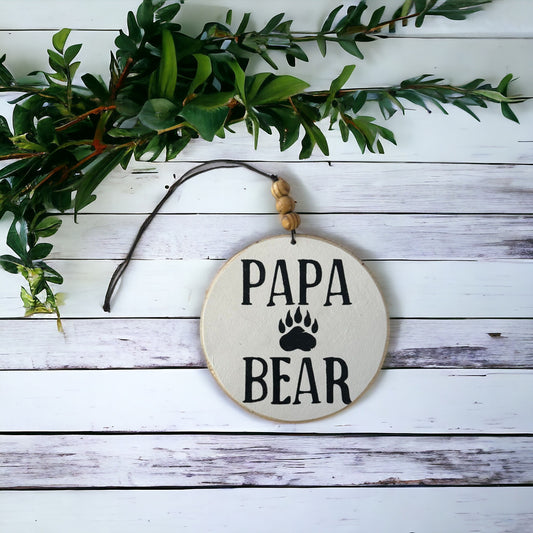 4-inch wooden car charm reading 'Papa Bear' with black text, perfect car hanging decoration.