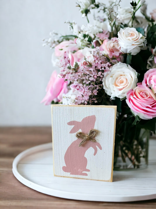  Hand-painted white wood sign with sweet pink bunny silhouette and twine bow