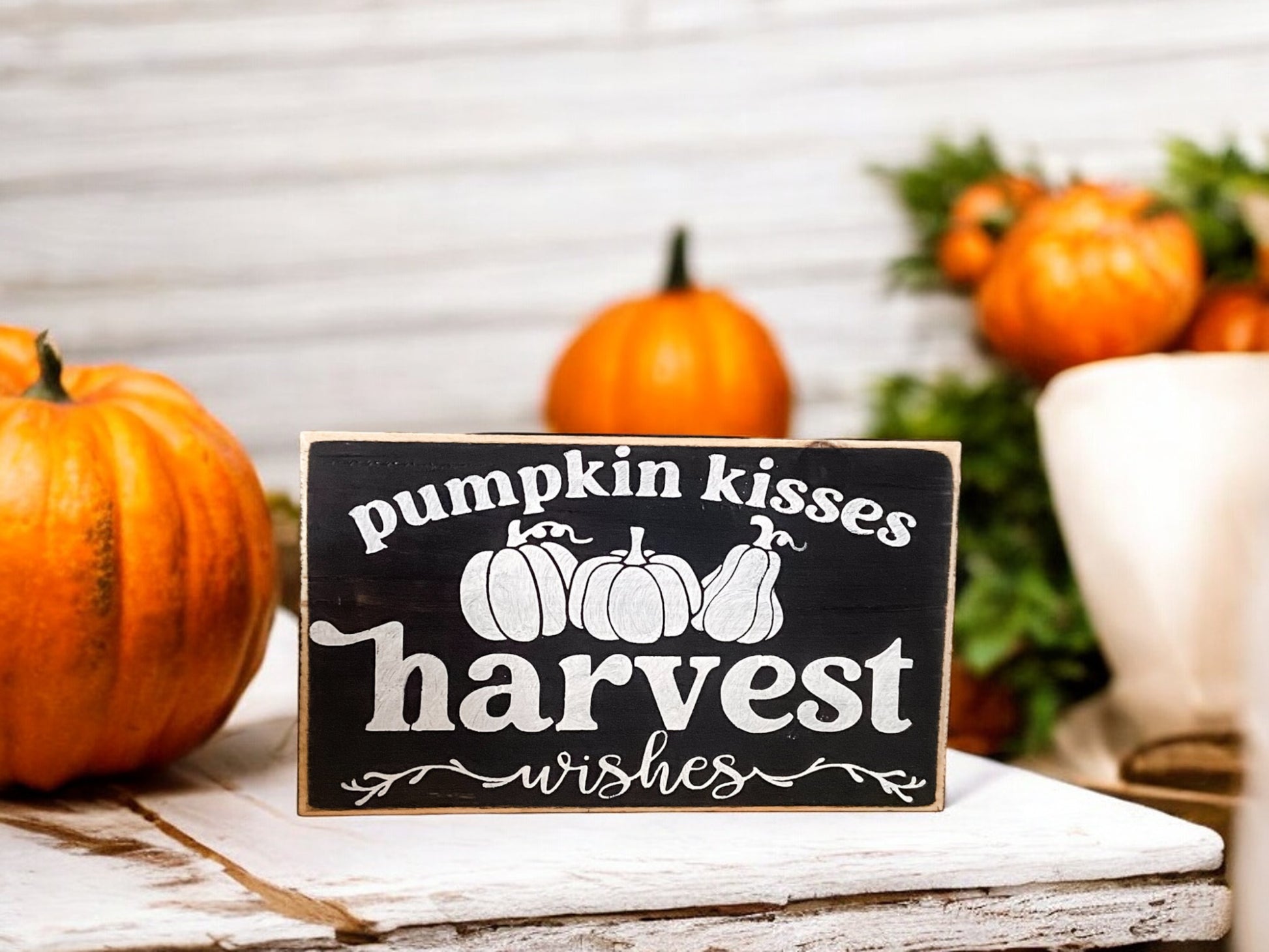 3.5x6 hand-painted black wood block sign reading 'Pumpkin Kisses Harvest Wishes.