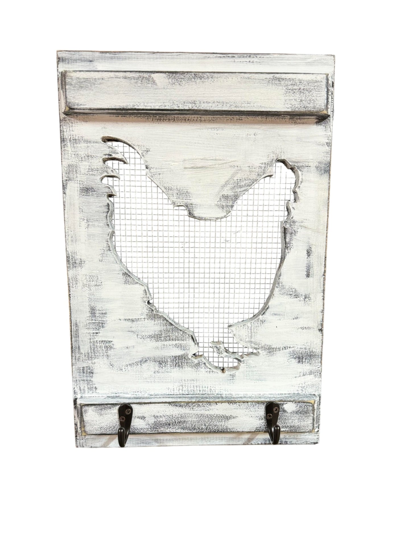 Farmhouse-inspired wall hook rack with rooster design, ideal for hanging aprons or utensils in the kitchen