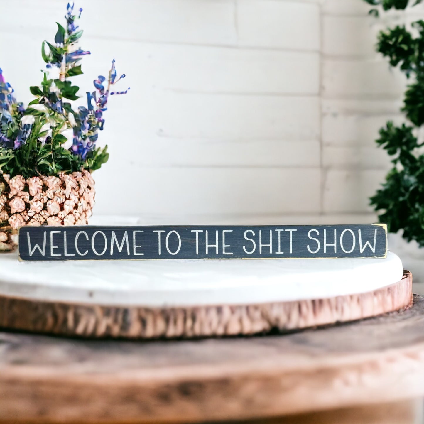 Handpainted bluish-gray wood sign with white text reading 'Welcome To The Shit Show,' freestanding 16-inch funny bathroom decor for shelves and counters.