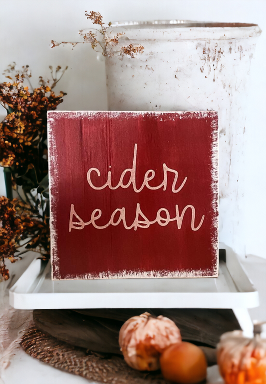 4.5" x 4.5" Maroon 'Cider Season' Wood Block Sign - A Petite Rustic Fall Decor Accent - Effortless and Free-Standing for Any Surface - Capturing the Cozy Essence of Autumn Cider Enjoyment