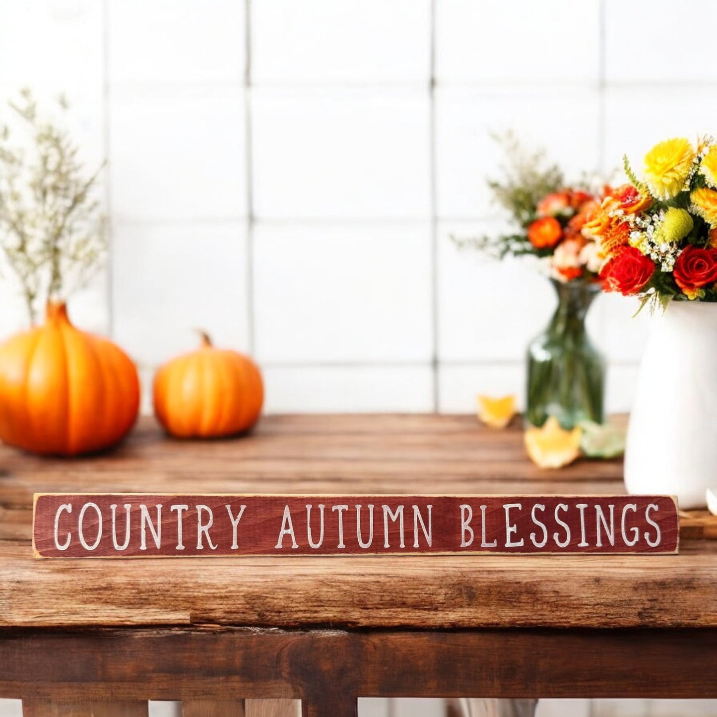 Hand-painted maroon rustic wood sign with white text reading 'Country Autumn Welcome' - perfect for farmhouse fall decor on mantels, shelves, or tabletops.