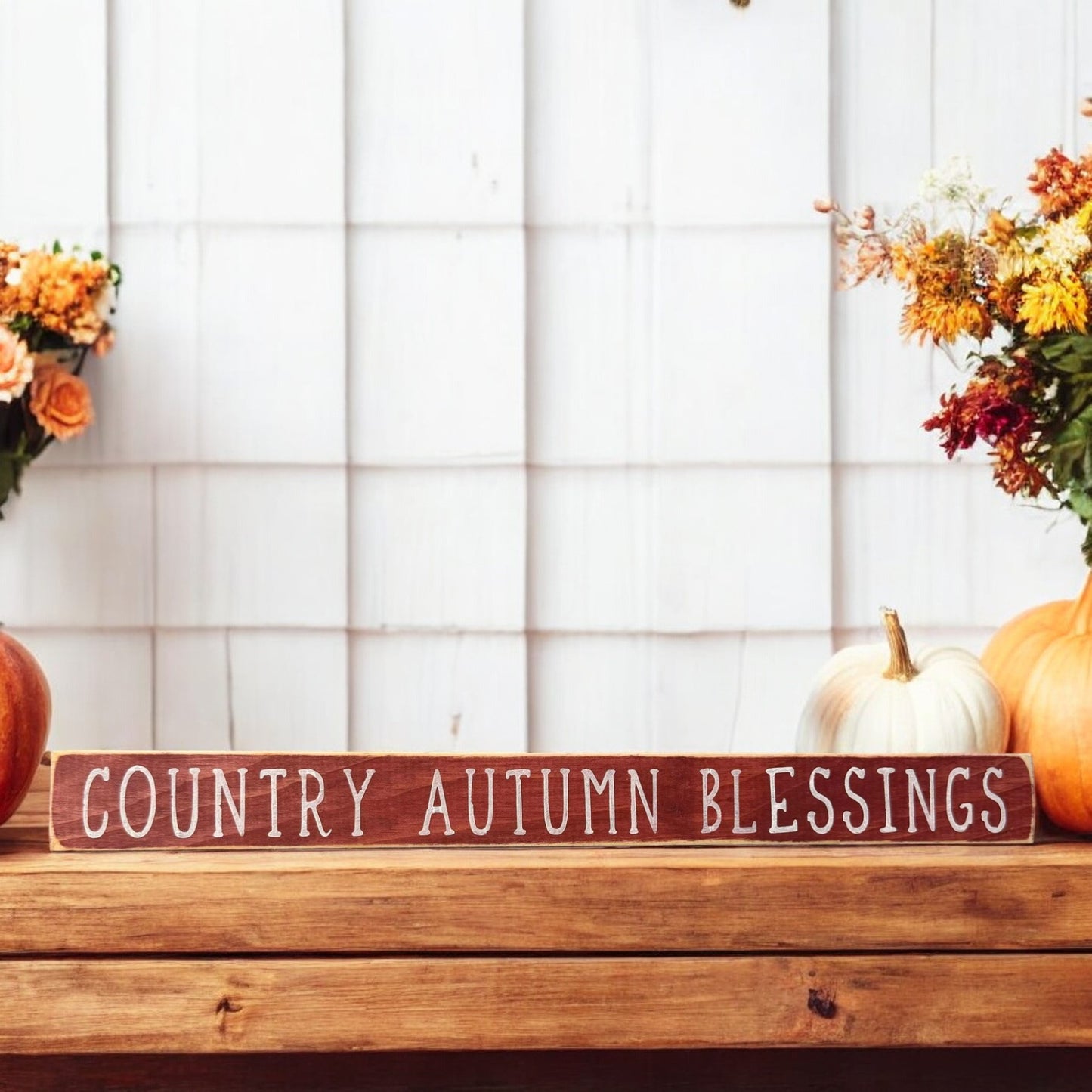 Hand-painted maroon rustic wood sign with white text reading 'Country Autumn Welcome' - perfect for farmhouse fall decor on mantels, shelves, or tabletops.