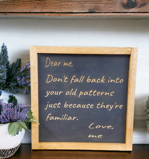 Dear Me" Inspirational Carved Wood Sign - Gray Background with Natural Wood Text - 11.5" x 11.5