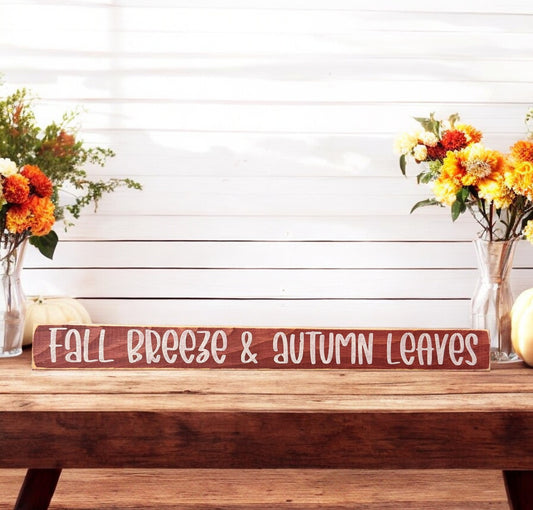 Maroon and white skinny wood sign with text reading 'Fall Breeze & Autumn Leaves' - ideal for farmhouse fall decor and autumn quotes.