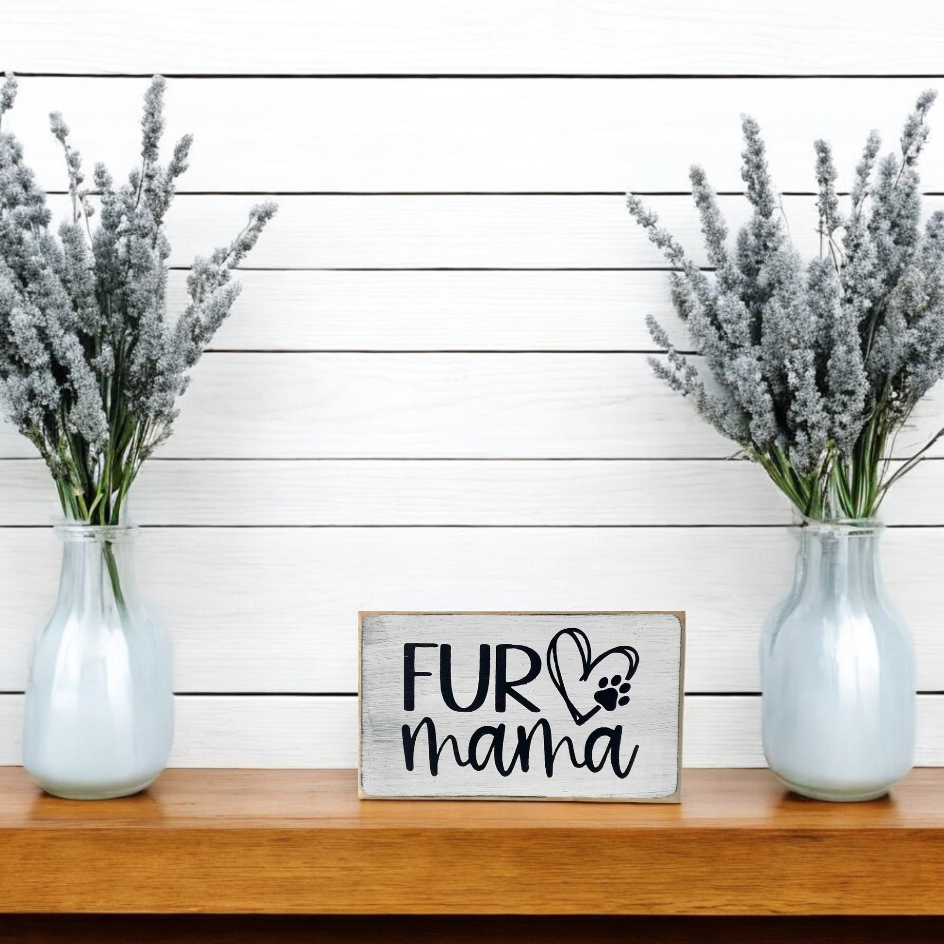 White wooden block sign with black text reading 'Fur Mama.' A compact pet sign perfect for home decor and a great pet lover gift.