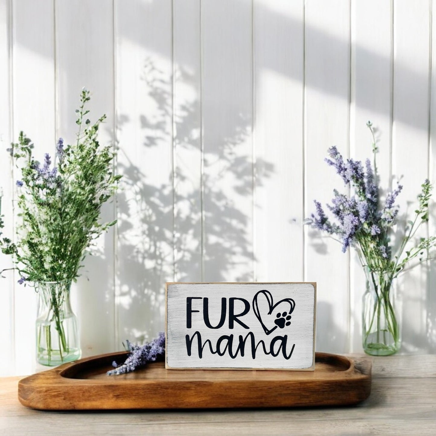 White wooden block sign with black text reading 'Fur Mama.' A compact pet sign perfect for home decor and a great pet lover gift.