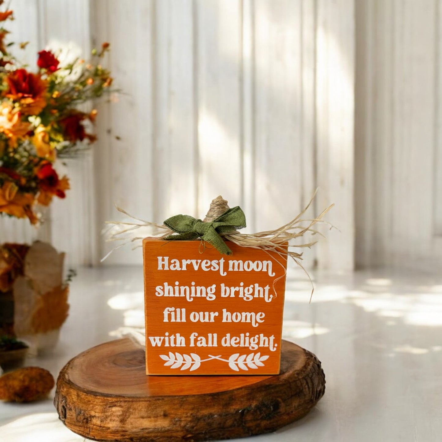 Handpainted wood pumpkin sign with autumn quote, ideal for fall decoration and tiered tray decor.