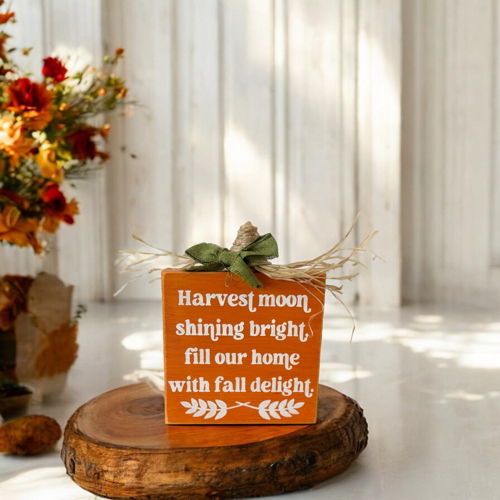 Handpainted wood pumpkin sign with autumn quote, ideal for fall decoration and tiered tray decor.