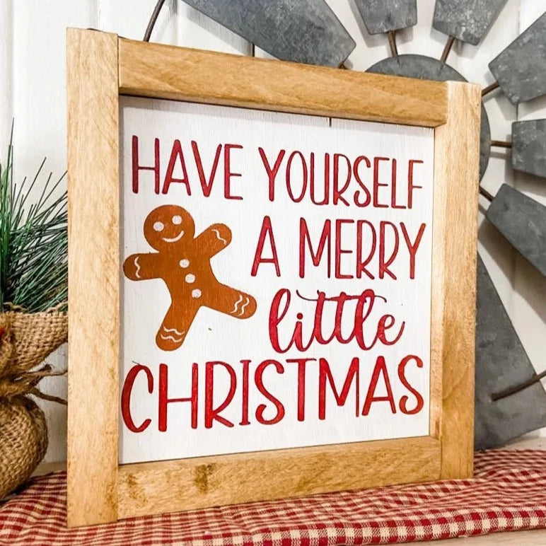8" x 8" Framed Wooden Gingerbread Sign - 'Have yourself a merry little Christmas' - White with Red Text and Gingerbread Man - Freestanding or Wall-Hanging - Perfect for Gingerbread Christmas Theme
