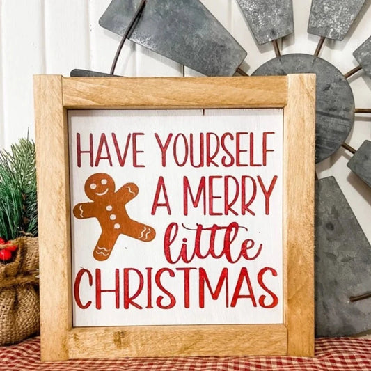 8" x 8" Framed Wooden Gingerbread Sign - 'Have yourself a merry little Christmas' - White with Red Text and Gingerbread Man - Freestanding or Wall-Hanging - Perfect for Gingerbread Christmas Theme