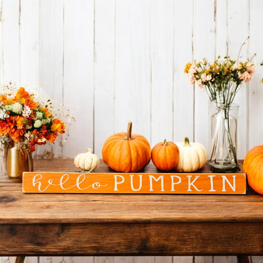 Orange and white sign with text reading 'Hello Pumpkin' - perfect for fall mantel decoration and autumn decor.