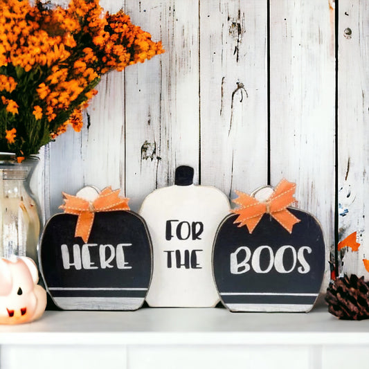 Here For The Boos Wooden Pumpkin Set - Halloween Shelf Sitter Decor