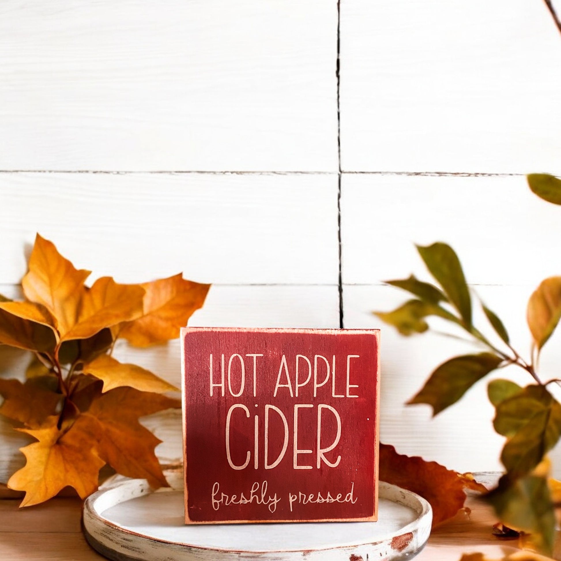 Hand-painted "Hot Apple Cider Freshly Pressed" apple sign in maroon, perfect wood fall sign for kitchen decor.