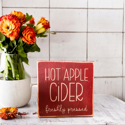 Hand-painted "Hot Apple Cider Freshly Pressed" apple sign in maroon, perfect wood fall sign for kitchen decor.