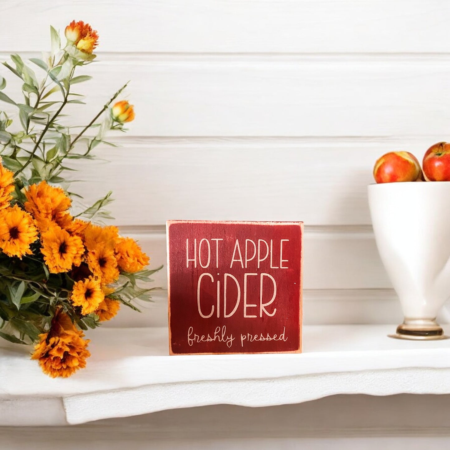 Hand-painted "Hot Apple Cider Freshly Pressed" apple sign in maroon, perfect wood fall sign for kitchen decor.